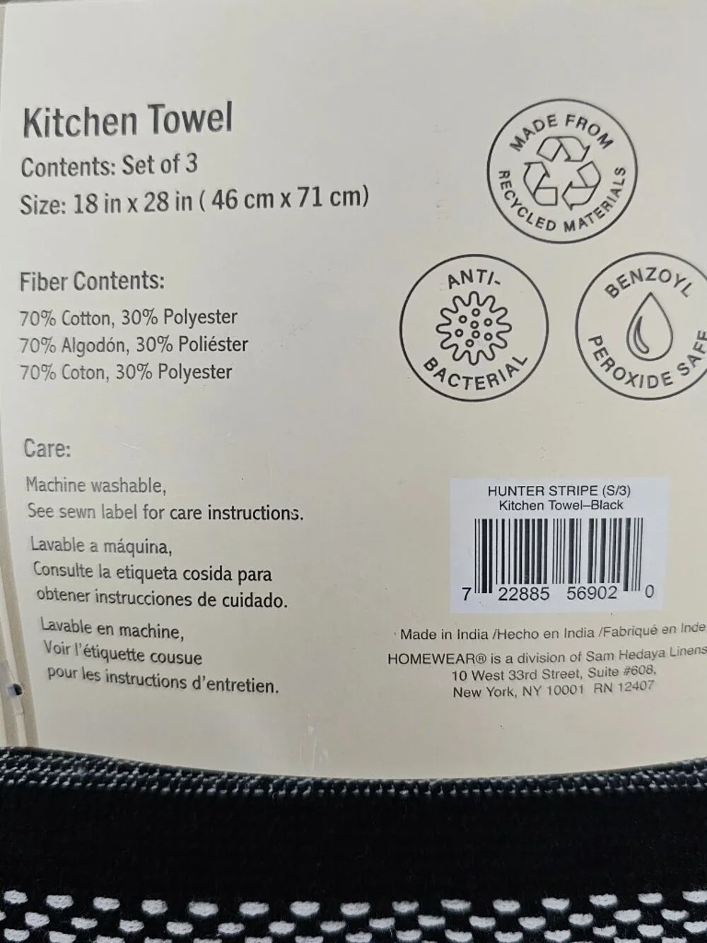 Homewear Cotton Kitchen Towels New Oversized 3 pc Textured Black White 18